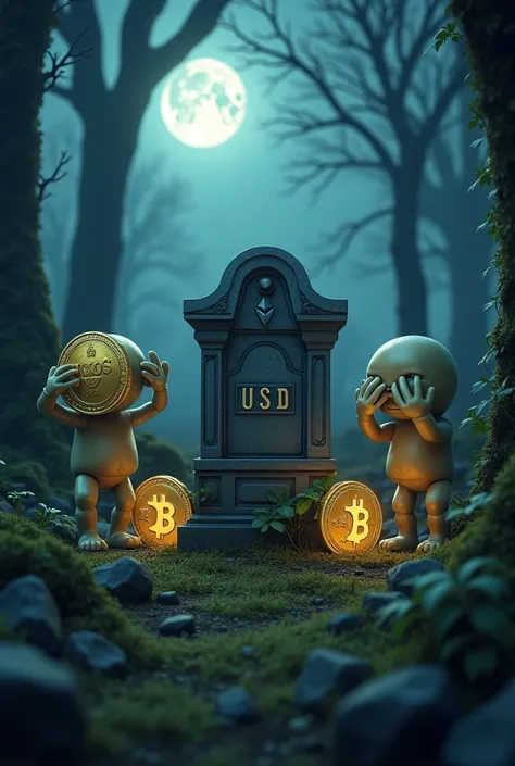 "A graveyard at dusk with an eerie and misty atmosphere. A gravestone prominently displays the inscription USD, surrounded by overgrown vines and moss. Around it, personified cryptocurrency coins like Bitcoin and Ethereum are mourning, with expressions of ...