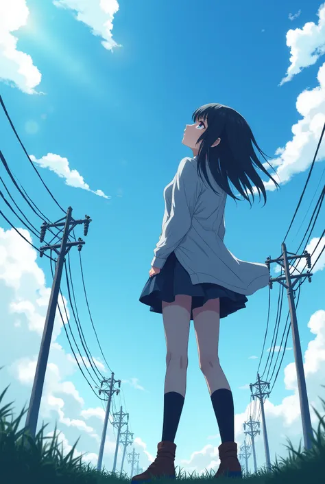 (( best quality、 masterpiece)) 1 girl, solo,  black hair,  textured skin,  trimmed , Character portrait,  there are a lot of utility poles and a woman looking up at them、upper body anime style ,  look up with tilt 、 I want to go to the sky quickly 