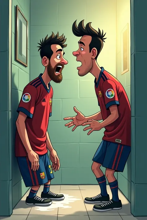 Messi is taking a shit and Neymar comes and starts to make fun of Messi who cries because Neymar is making fun of him and the two of them start fighting and fighting each other