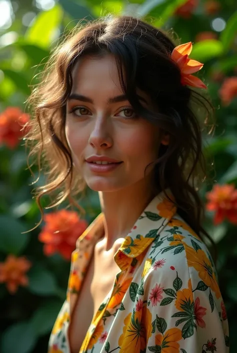  A Brazilian woman in a lush tropical garden, wearing an open shirt with a floral print,  with a close up capturing the harmonious beauty between her breasts and natural flowers,  showing her natural charm and outgoing personality.