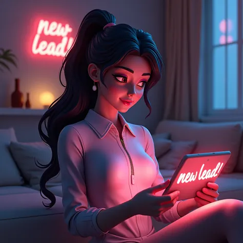 3d art-style woman at home holding a glowing tablet with glowing “NEW LEAD!” effects in neo letters