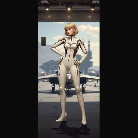 HD full body selfie picture. full body picture. Young adult futuristic female space cadet in slick uniform. Dark blond hair.Posing Infront of a small spaceship fighter. In big hangar inside spaceship. Hanger door to space is open and space battleship is sl...