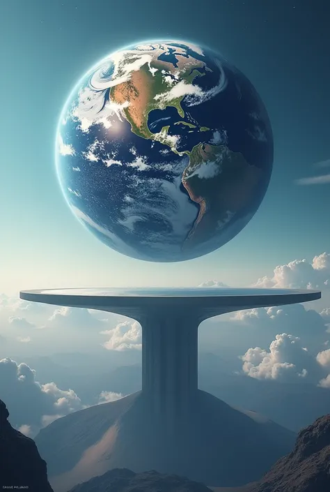 Draw a planet that is on a very large straight base and is balancing on it it is as if the planet were on a kind of up and down the platform on which the planet is located is horizontal and very long 