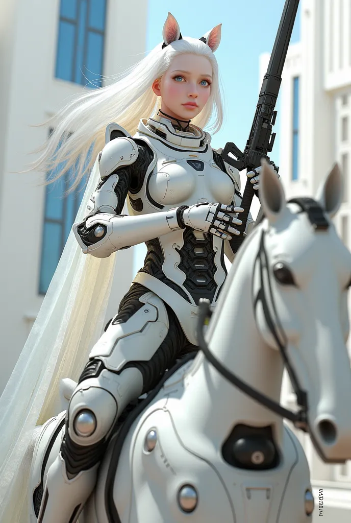 a semi robotic female knight riding a white mechanical horse with flowing long hair and holding a handgun is a future police off...