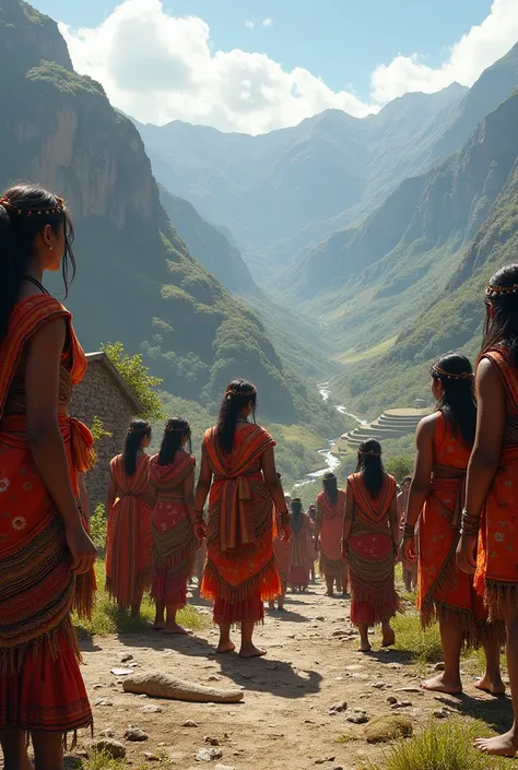 A group of diverse pre-Inca people standing together, surrounded by ancient stone carvings and early tools, set in the Andean mountains during a bright, clear day, wearing traditional woven garments, with a background of lush valleys and primitive structur...