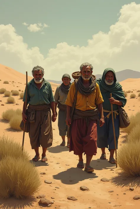  four middle-aged peasants walking very sad through the desert, They wear traditional Jalisco clothing their clothes are dirty and worn 