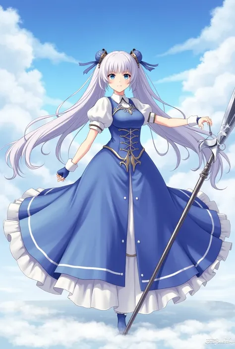 high quality,1girl,solo,large breasts,silver gray hair,long hair,twintails,blue eyes,blue dress,princess dress,spear,holding weapon,polearm,fingerless gloves,beautiful sky,fantasy background,beautiful background,perfect hand,