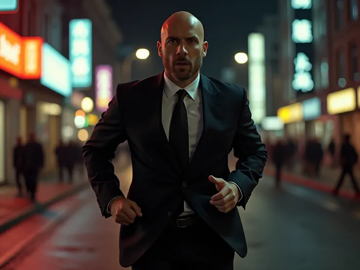  high definition , masterpiece, accurate,  best quality, 1 male、60s、Bald head、Short stubble、whole body、Its running away、in a dark suit 、 in a hurry 、In the city、night、 NEON STREET 、 dynamic、 running towards action cinematic 、