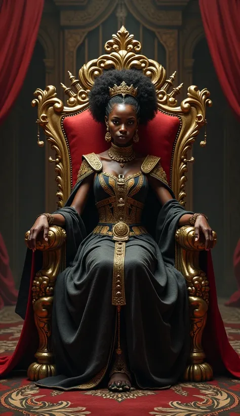 The  AFRICAN princess sitting on a grand throne, her face serene but her eyes cold and lifeless.