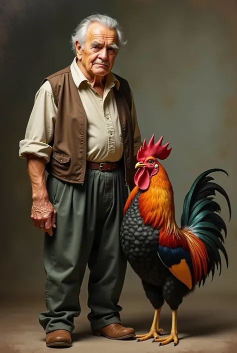 A rooster and an old grandfather face to the fore side by side