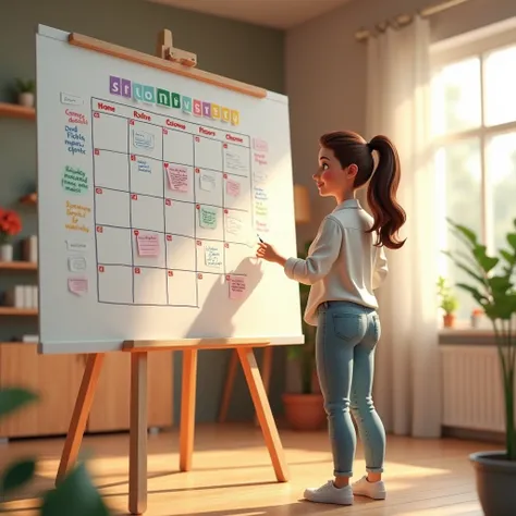 3d art woman at home “Social Media Calendar” on a whiteboard