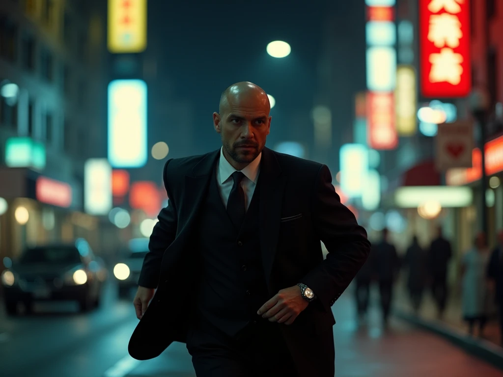  high definition , masterpiece, accurate,  best quality, 1 male、60s、Bald head、Short stubble、whole body、Its running away、in a dark suit 、 in a hurry 、In the city、night、 NEON STREET 、 dynamic、 running away, action cinematic 、