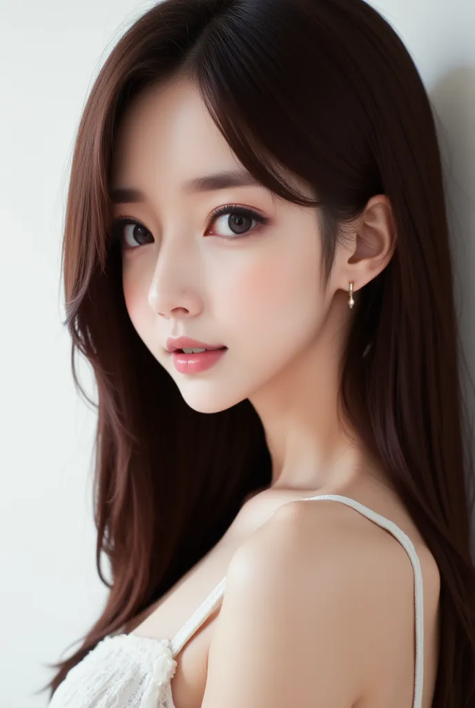 sideways、brown hair、 long hair、clear、 japanese woman with a viewing angle of