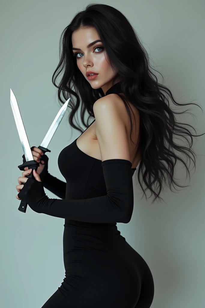  Create an adult woman with beautiful curves , white pele, blue eyes and long black hair .  She wears only black clothes and wears a pair of white knives.