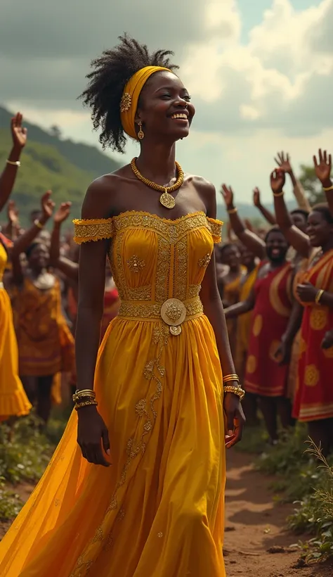 A smiling african princess in golden attire, standing near a freshly closed grave, surrounded by cheering villagers under a cloudy sky.