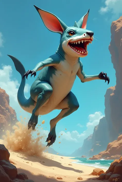 This jumping sharkaroo creation is a mix of a/an kangaroo and a/an shark