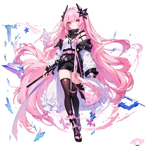 pink hair、Part of the hair is Slime 、 Pink Eyes 、 White Scarf 、shorts(There is a belt)、 Black Stockings 、 Pink Off-shoulder Jacket 、detailed  full body photo concept,  Full Body Figure Painting , Full Body Drawing 、leg rings、 Clear Costume Design 、masterpi...