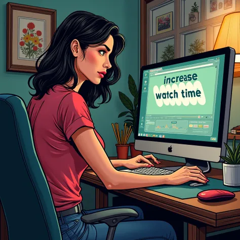 comic book art woman  at home editing videos om computer with “Increase Watch Time” on screen