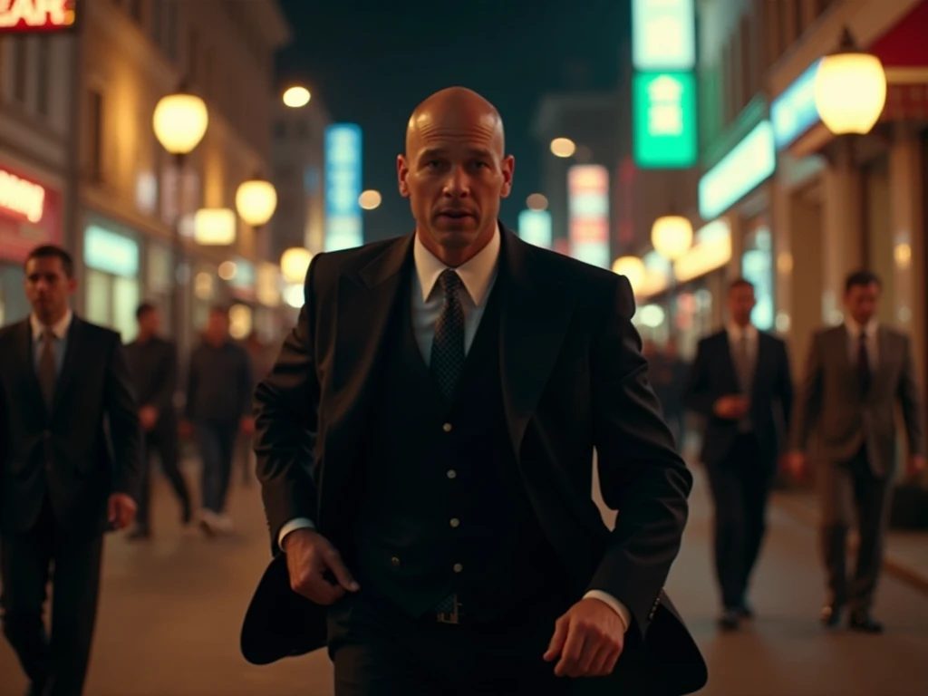  high definition , masterpiece, accurate,  best quality, 1 male、60s、Bald head、Short stubble、whole body、Its running away fast from viewer、in a dark suit 、 in a hurry 、In the city、night、 NEON STREET 、 dynamic、 running away, action cinematic 、