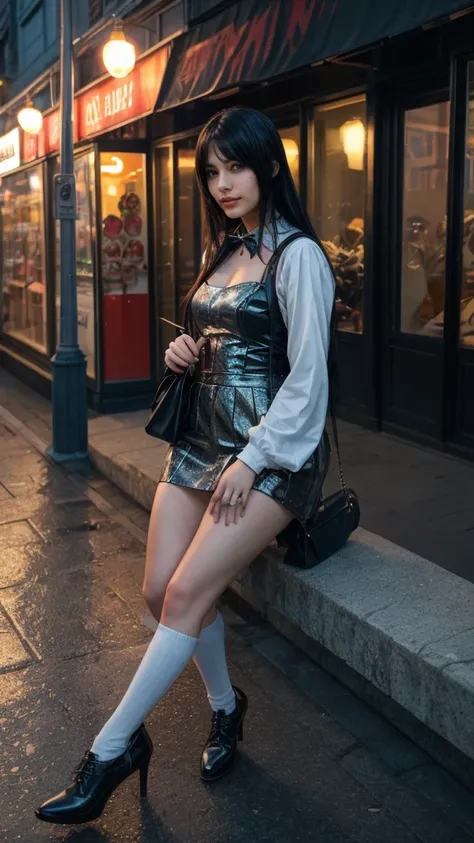 Enhanced Realism: Create a hyper-realistic image of a beautiful woman cosplaying [Furude Rika], with crisp details in her costume and a well-defined urban environment. Focus on Detail: Produce a high-resolution image where every component of the costume, f...