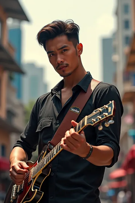 Make the worlds most handsome Indonesian guy play a guitar wearing a shirt with the name sarkani on the front of the shirt 