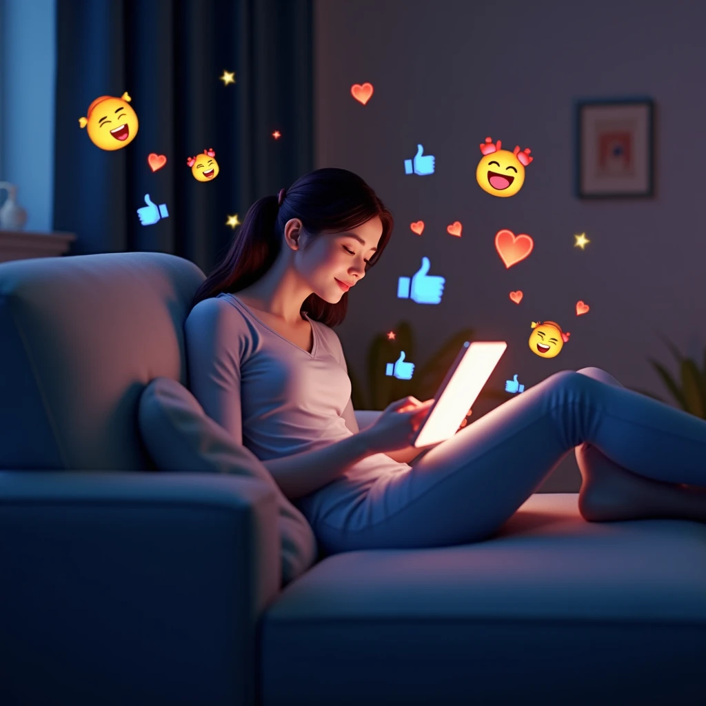 3d art style of a woman at home on couch at night holding a tablet surrounding by emojis and blue thumbs up icons and red hearts icons