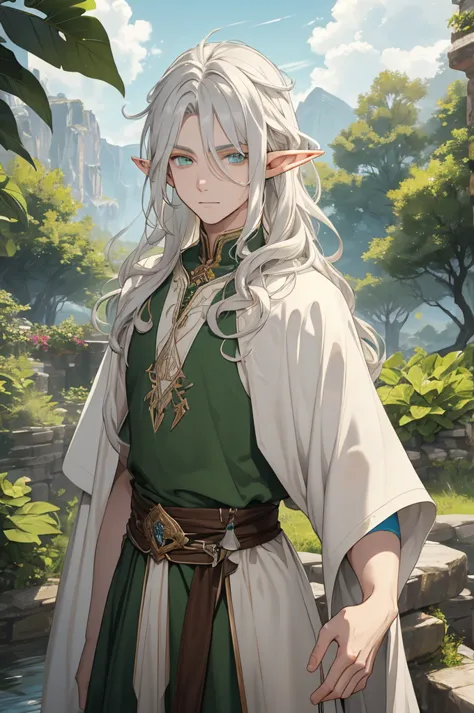 create image of an elf man, male elf, male, slim but defined, pale skin, white hair and eyes, gray, other colors but as if they ...