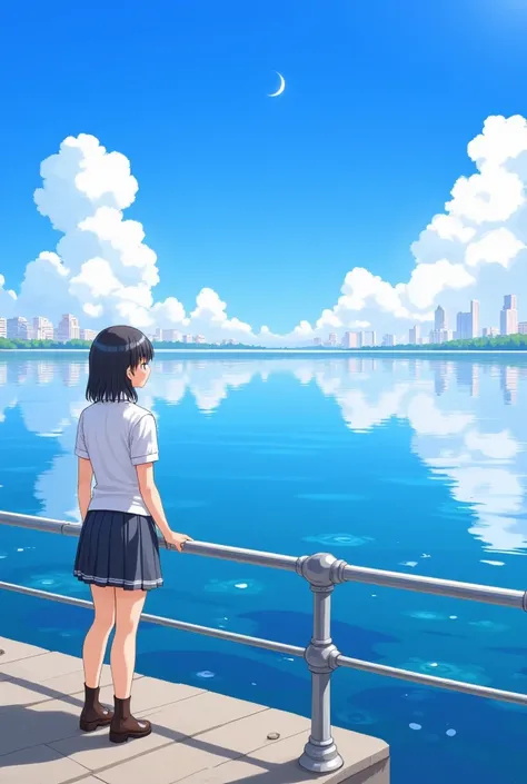 masterpiece、 best quality、The city reflected on the surface of the water、City reflecting on the surface of the water 、 girl staring at the surface of the water、 dark-haired girl 、 school uniform、Pier、Blue Sea、 blue sky、