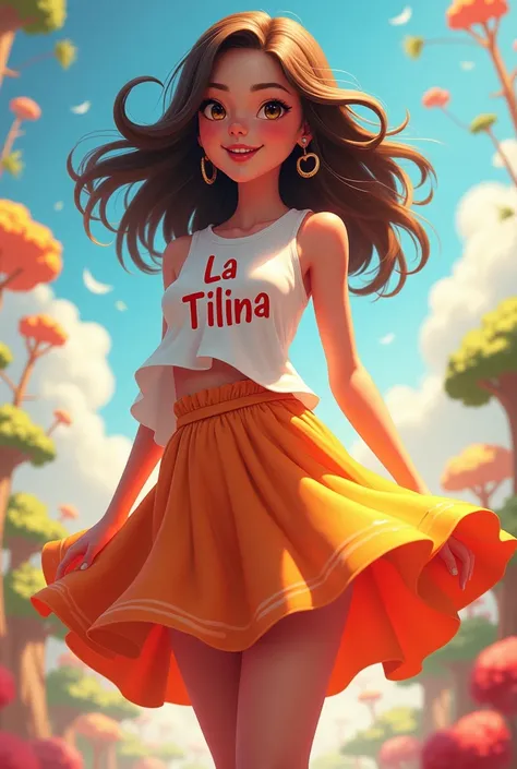 Girl in a skirt with the name on her chest La Tilina 