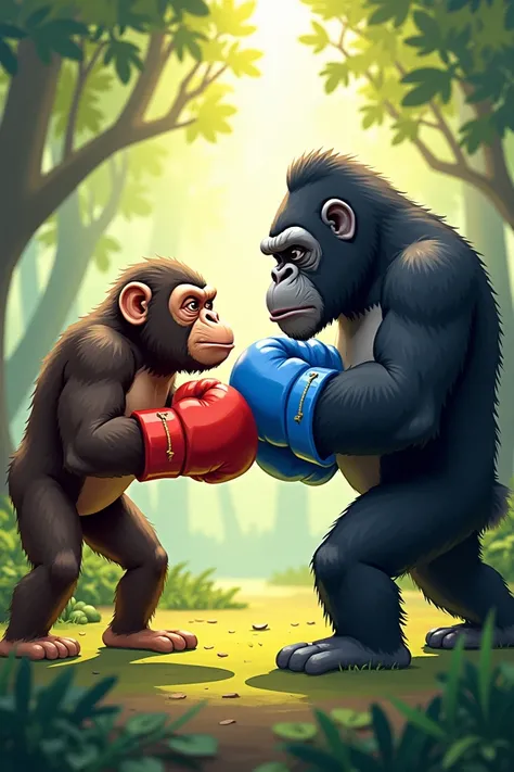 Make a chimpanzee and gorilla staring at each other with boxing gloves