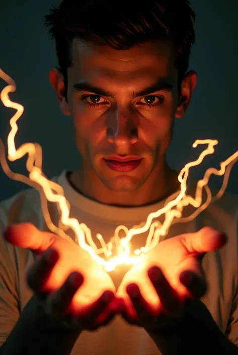 A close up of a young Adrián , confused,  looking at his hands glowing with electricity.  You can clearly see the tension on his face .