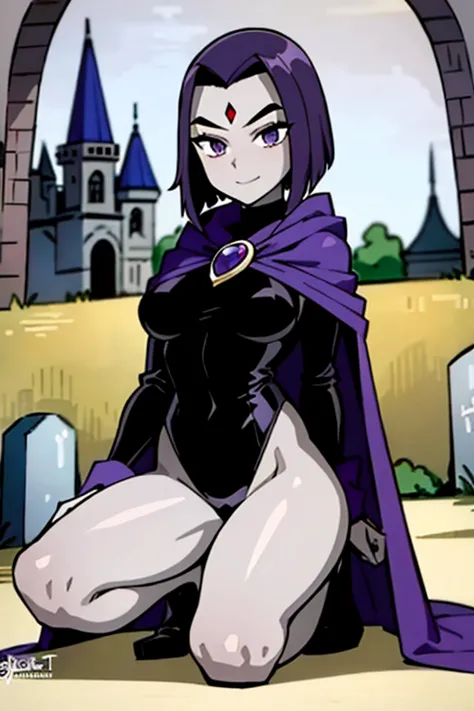 raventt,  purple eyes,purple hair, red jewel on the forehead, gray skin,blue cloak,black leotard,brooch,  looking at the spectat...