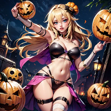 1girl, dress, jewelry, blonde hair, glow hair, flowing hair, ahoge, armpits, bandaged arm, bandaged hand, bandaged leg, bandaged neck, bandage chest, bandages all over the body, bandages, bare shoulders, glow eyes, mummy costume for Halloween, Halloween th...