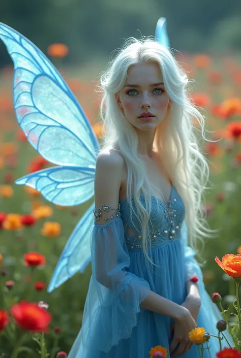 Beautiful fairy white hair blue eyes blue dress pale skin colorful wings in a field of flowers