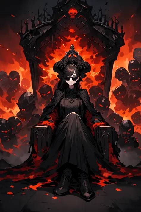 anime-style woman of 1 .20 tall,  dressed in black boots and black sunglasses ,  dressed all in black ,  sitting on a throne in hell surrounded by fire and his subjects,  her nickname is  "The devil "  looking head-on at  ,  playing the famous game Minecra...