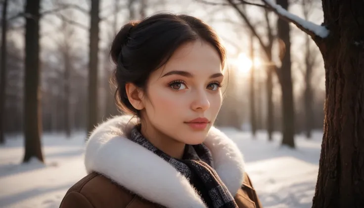 ((A portrait of a beautiful Russian woman with black hair, fair skin, and brown eyes, wearing winter clothing. The background is blurred, showing a serene park with trees and soft lighting. The focus is on her face, highlighting her delicate features and w...