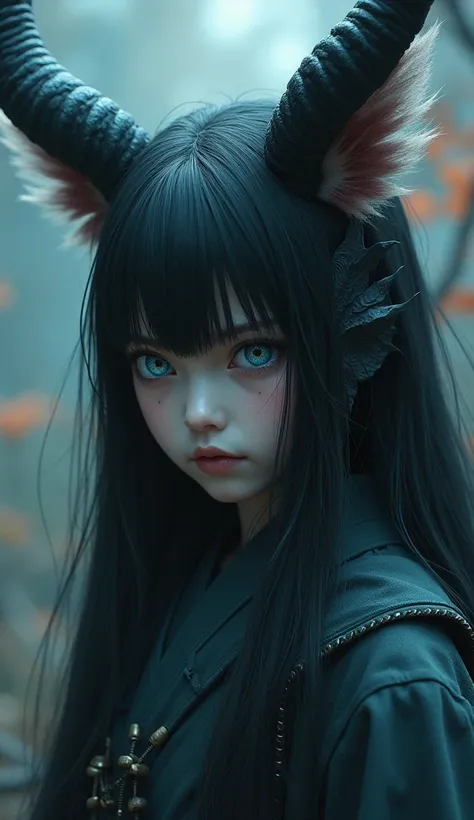 a japan Demons, ancient japan, Realism, Realistic Details, Mysterious, Mysterious, 8k Resolution, Stunning Visuals, ultra-detailed, full body, photo realistic 1 girl , Long hair,  look at the audience,  blue eyes , shill, Animal ears, Animal horns, Canine ...