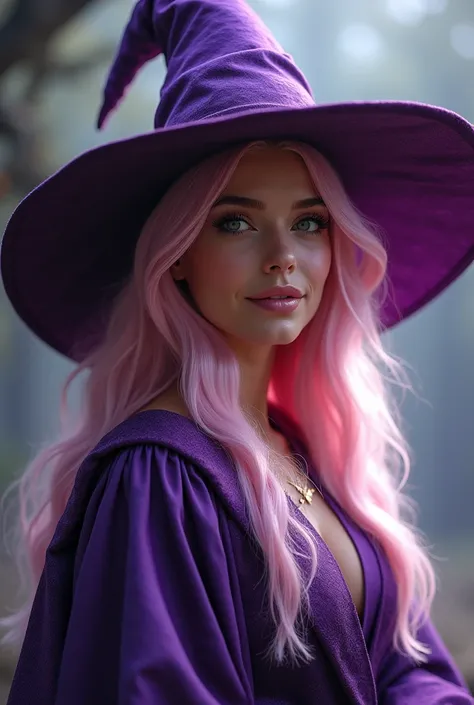  beautiful female wizard 。 with an adult-like face 。 purple robe and wizard hat。Light pink long haired 。Has a bewitching smile with sex appeal。