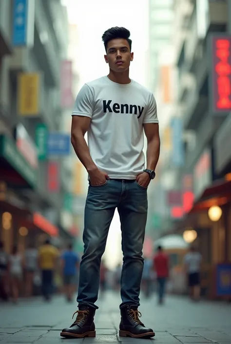 Make a handsome young and white Indonesian guy ,  on the street wearing a shirt with Kennys name on the front shirt