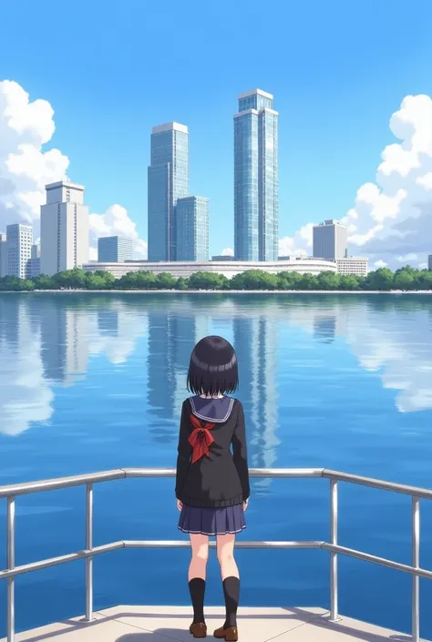 masterpiece、 best quality、(The city reflected on the surface of the water)、City reflecting on the surface of the water 、 girl staring at the surface of the water、 dark-haired girl 、 school uniform、Pier、Blue Sea、 blue sky、Rear view、