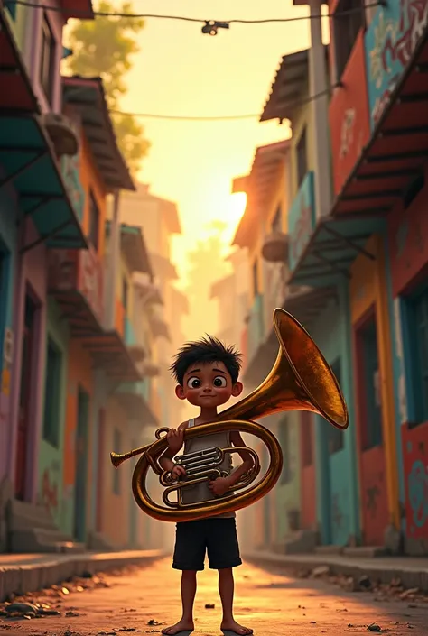 Image of a favela with a simple boy in white tank tops barefoot black shorts with a tuba in his hand at the end of the day 