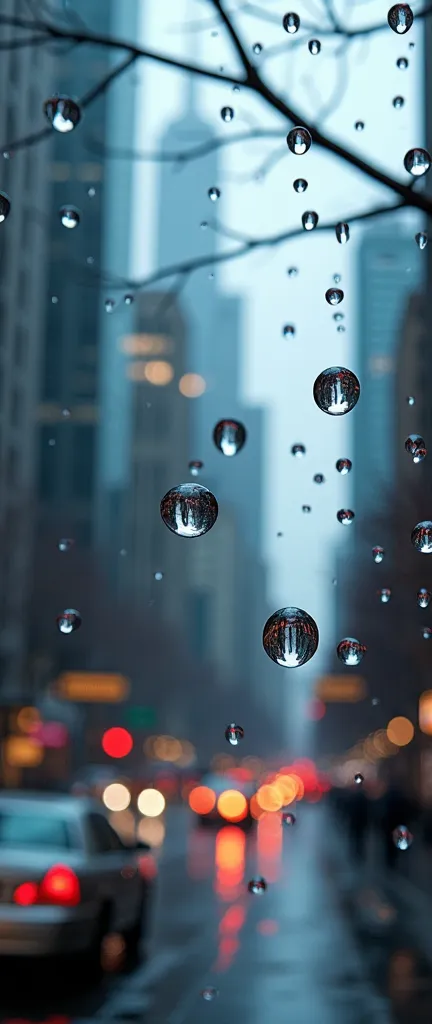 A photograph looking up at the sky. Many raindrops are falling. Focus on the raindrops. Each raindrop has a beautiful reflection of a cityscape. super close up of raindrops