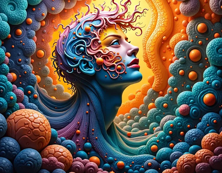 Create a stunning and unique piece of art that captures the essence of human creativity and imagination. This artwork should blend surreal and abstract elements, resulting in a visually captivating and thought-provoking piece. The central focus should be a...