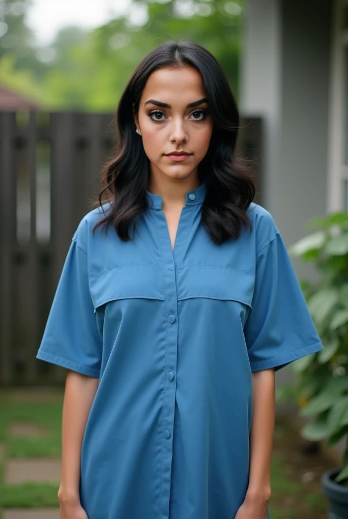 A real photo of a woman named Fika, aged 25, with shoulder-length wavy black hair and fair skin. She has a medium build, well-defined eyebrows, large black eyes, She  is  wearing a plain blue Indonesian short hands homedress called daster, she is standing ...