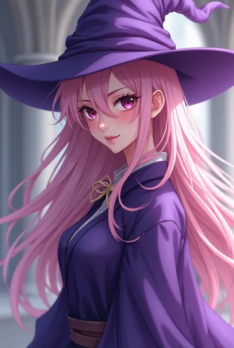  beautiful female wizard 。 with an adult-like face 。 purple robe and wizard hat。Light pink long haired 。Has a bewitching smile with sex appeal。 anime style。