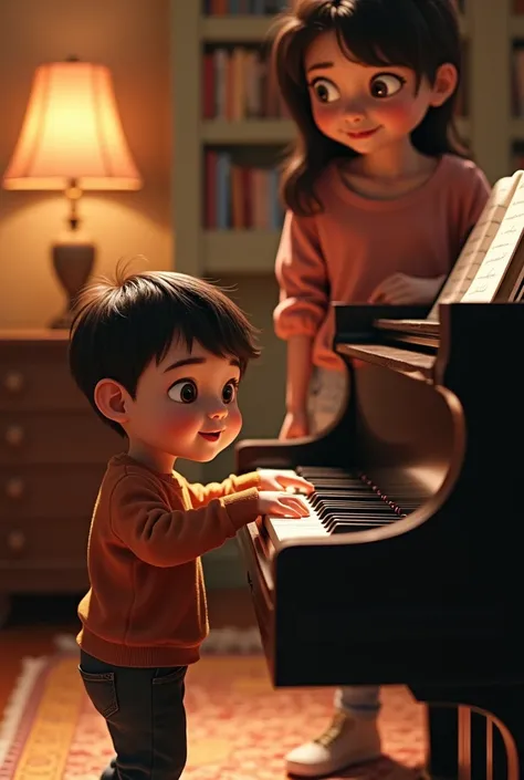  Boy or girl approaching the piano curiously, while an adult watches with a smile . real people