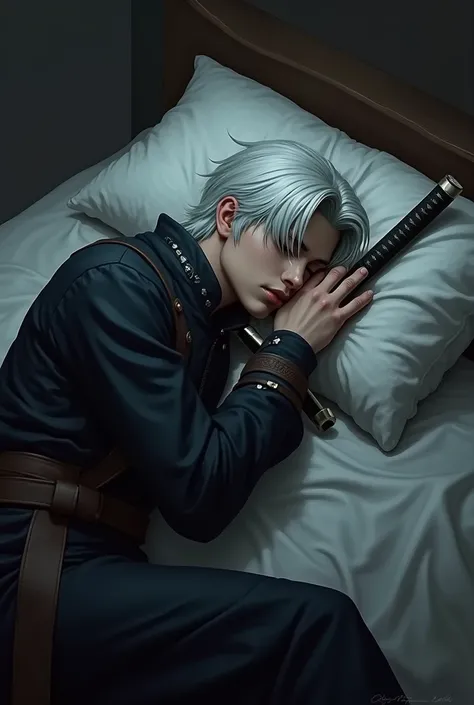 Vergil from Devil May Cry 5 sleeping hugging Katana Yamato