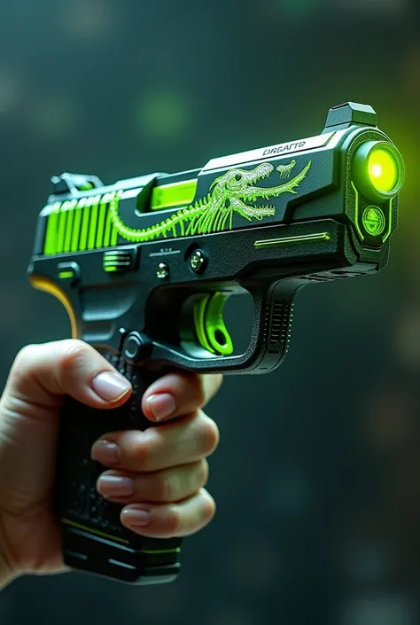 A futuristic pistol equipped with a green predator skeleton, a shiny bright highlighter and white ribs, the predator gun is in the hand and bears the name "Atie "