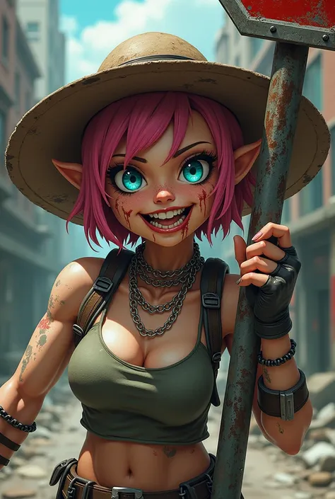 A Fallout Raider female potato in a treasure hunter outfit and desperado hat with bloodshot teal anime eyes, purple and black eyeshadow, scarred face,  short pink hair, with a bloodthirsty smile, muscled body and arms, holding a raider graffiti stop sign o...