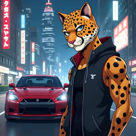 Create a male anime character wearing a cheetah mask next to a Gtr skyline car